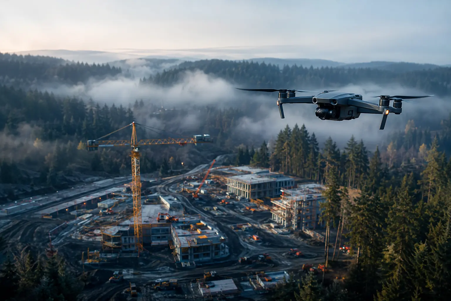 Commercial drone photographing an active construction project in the Pacific Northwest